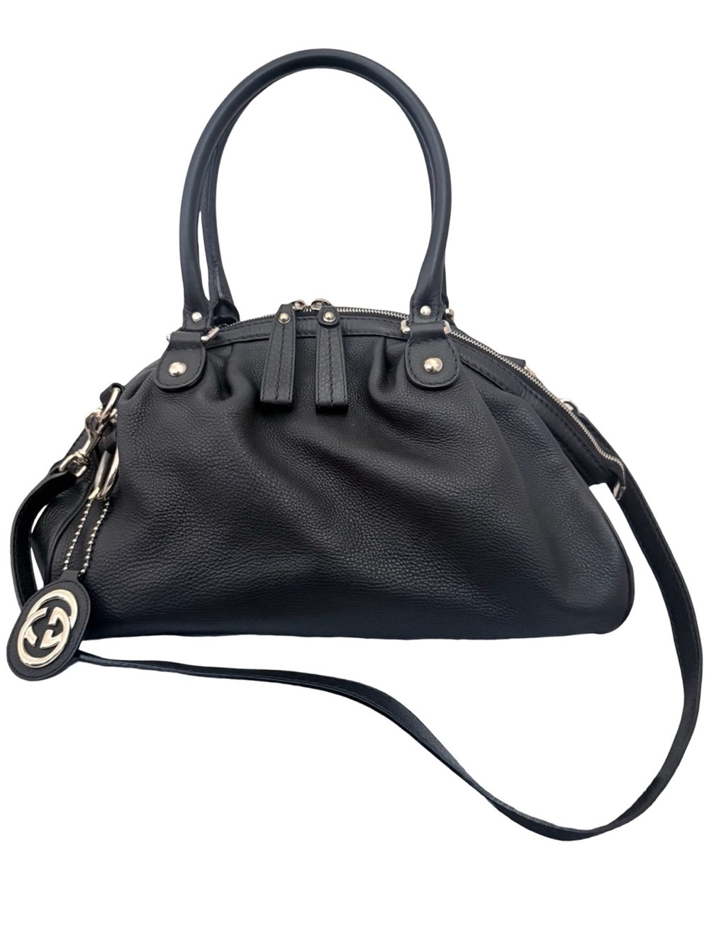 Gucci Sukey Dome Black Pebble Leather 2 way Top Handle Crossbody